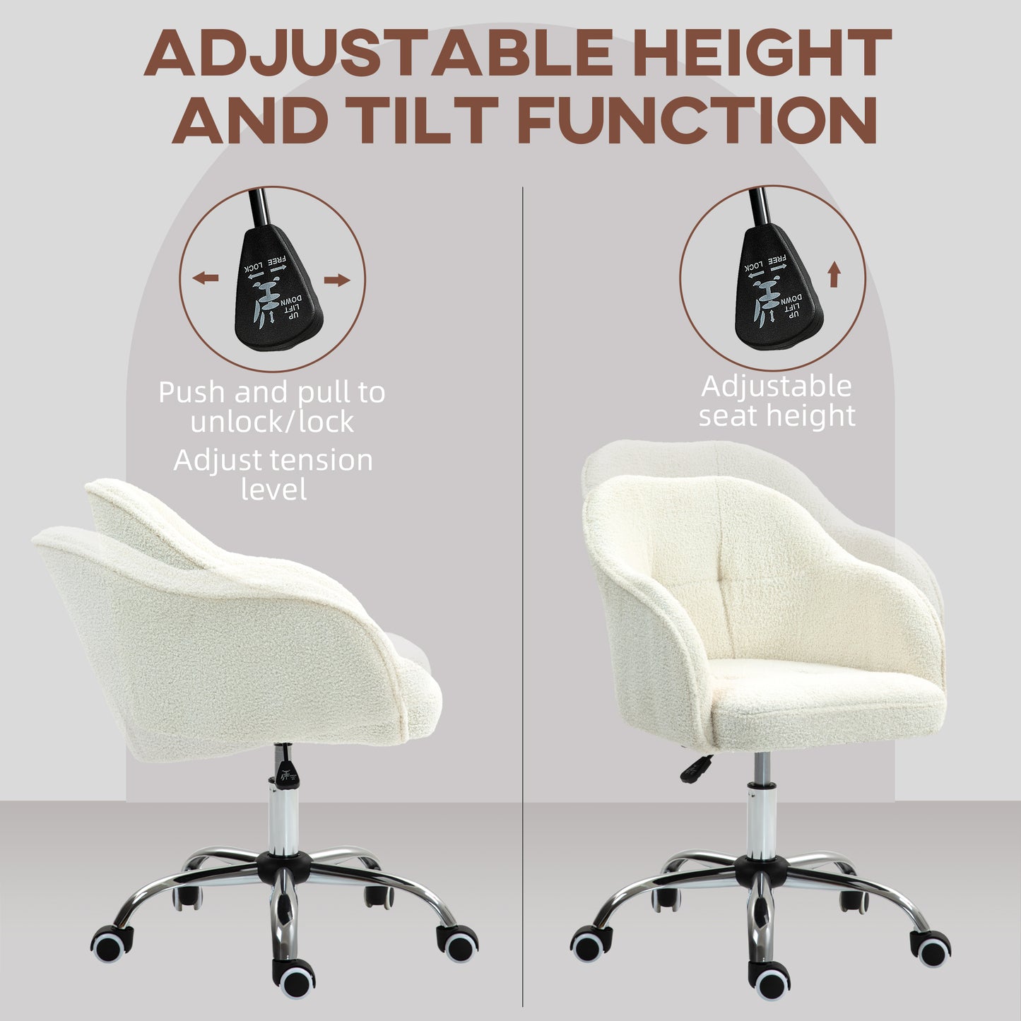 HOMCOM 46-56 cm Teddy Fleece Office Chair - Cream
