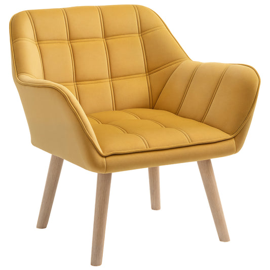 HOMCOM yellow velvet accent chair with tufted seat and back, flared arms, and wood legs