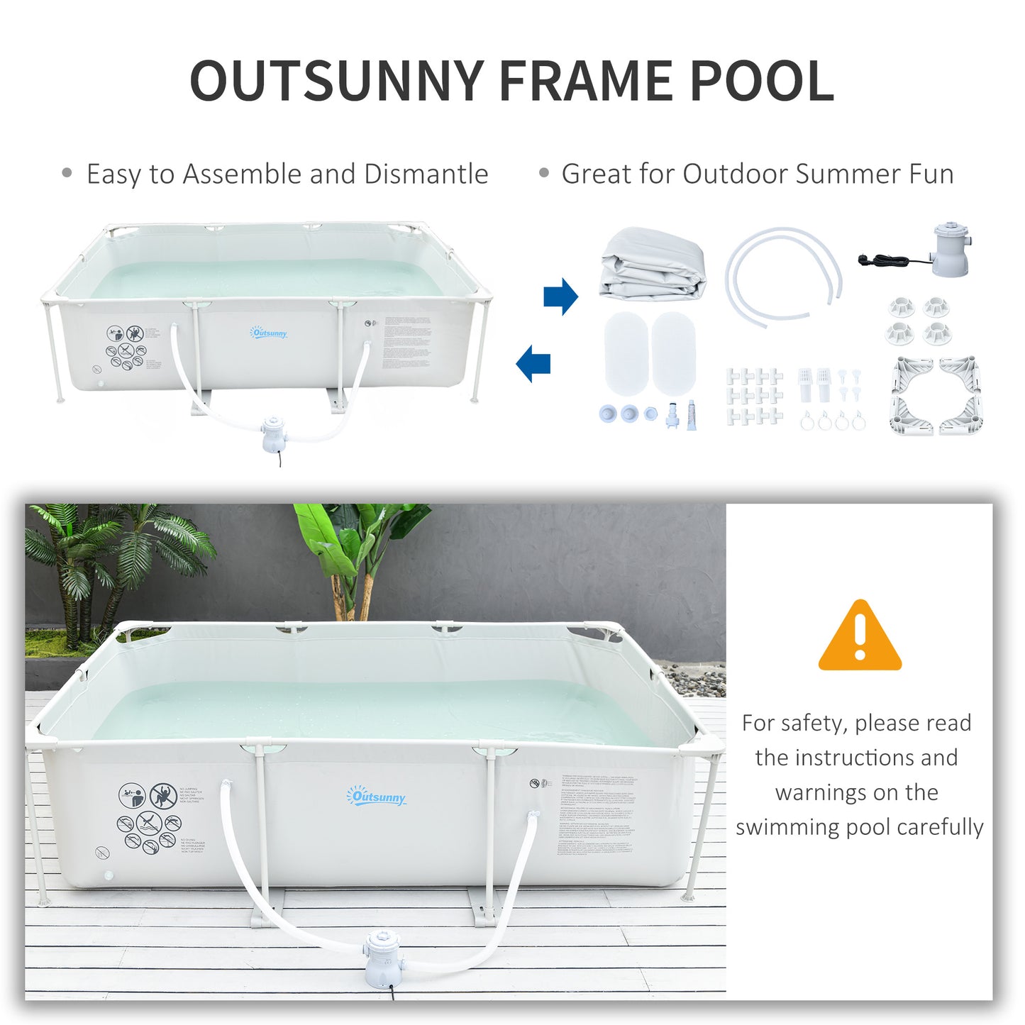 Outsunny Steel Frame Pool with Filter Pump, Filter Cartridge, Rust Resistant Above Ground Swimming Pool, Grey