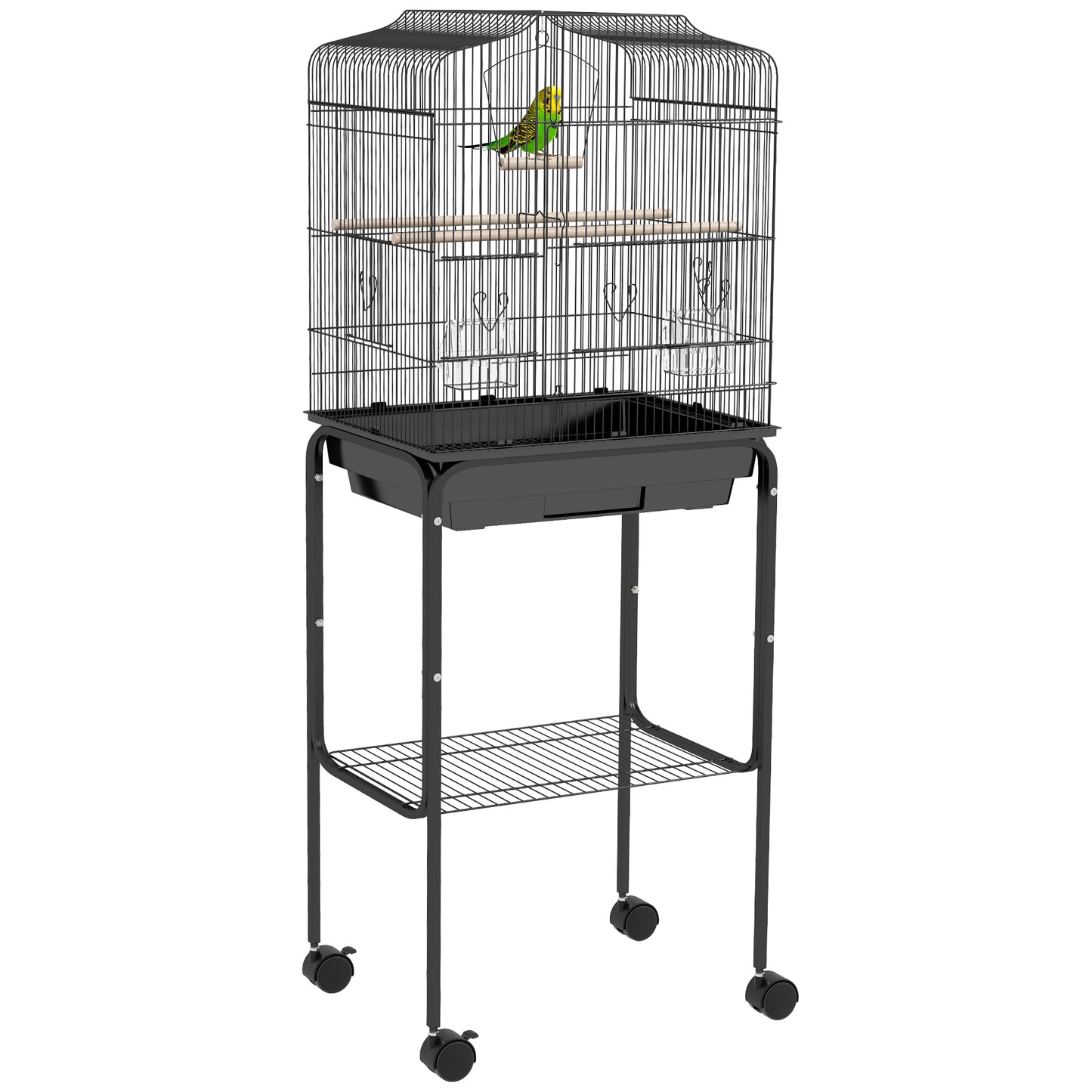 Photo of PawHut Bird Cage Budgie Cages for Finch Canary Parakeet with Stand Wheels Slide-out Tray Accessories Storage Shelf, Black in Black colour on a white background