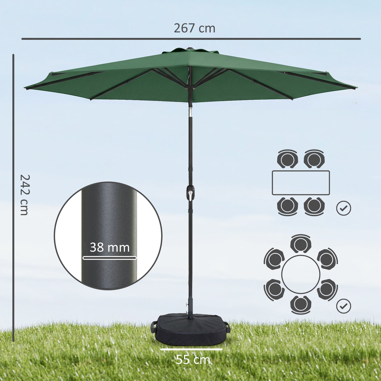 Outsunny 2.7 m Garden Parasol Umbrella with Cross Base and Sandbag, Retractable Ribs, Outdoor Table Market Umbrella, Green