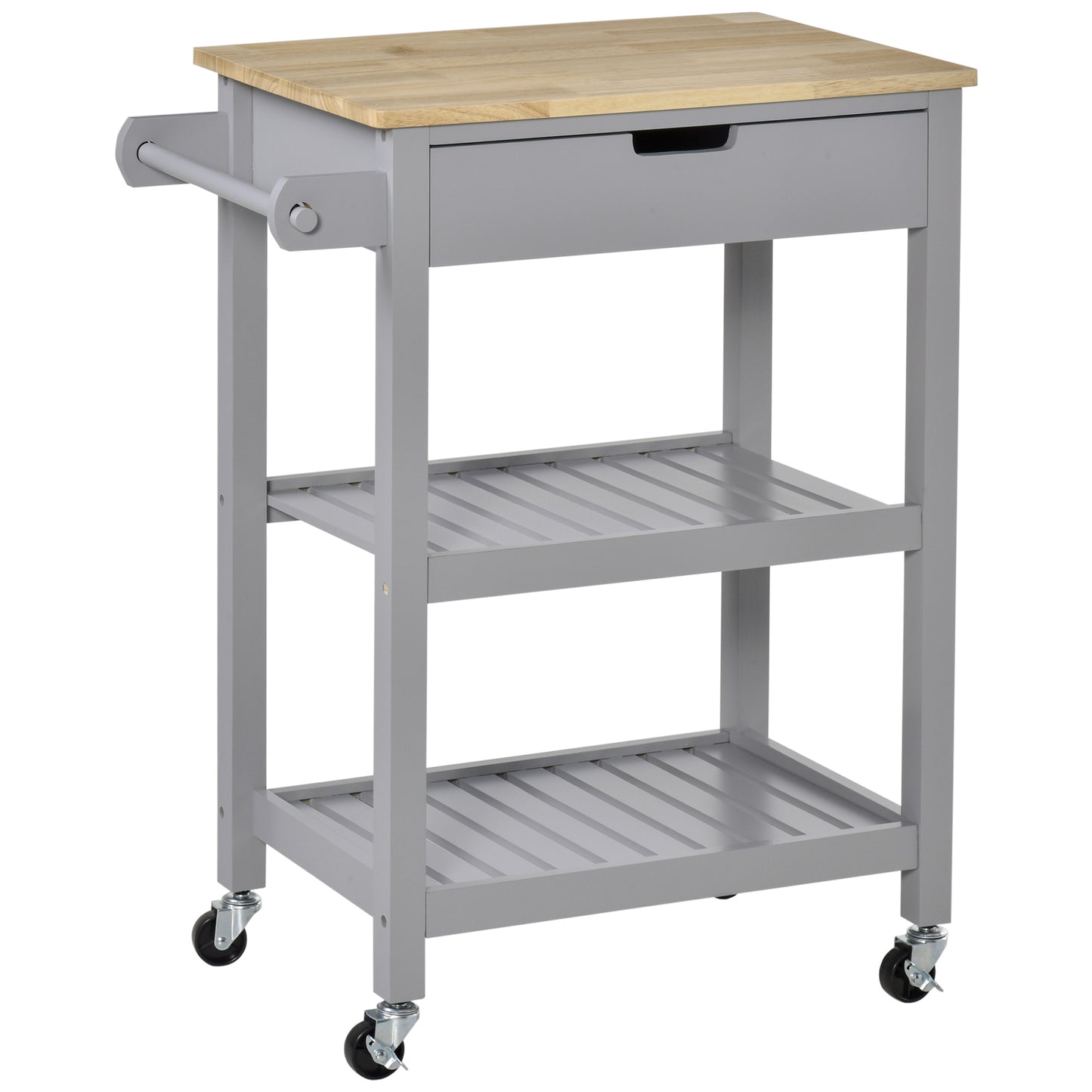 Photo of HOMCOM Kitchen Trolley Utility Cart on Wheels with Rubberwood Worktop, Towel Rack, Storage Shelves & Drawer for Dining Room, Grey in Grey colour on a white background