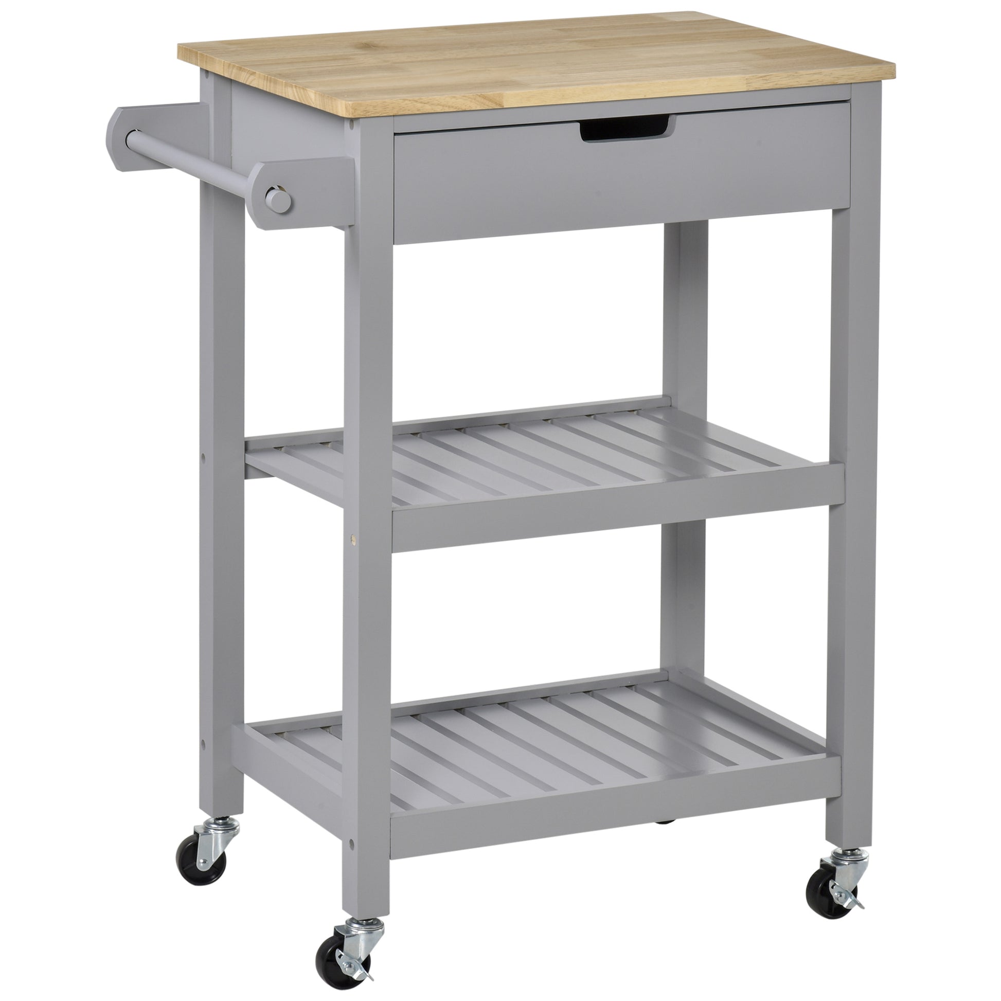 Photo of HOMCOM Kitchen Trolley Utility Cart on Wheels with Rubberwood Worktop, Towel Rack, Storage Shelves & Drawer for Dining Room, Grey in Grey colour on a white background