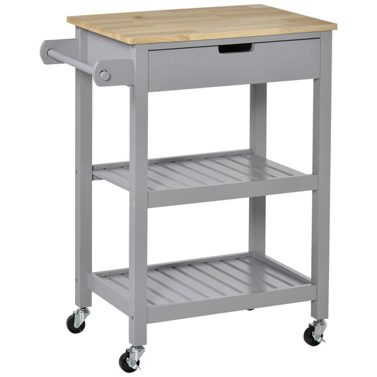 Photo of HOMCOM Kitchen Trolley Utility Cart on Wheels with Rubberwood Worktop, Towel Rack, Storage Shelves & Drawer for Dining Room, Grey in Grey colour on a white background