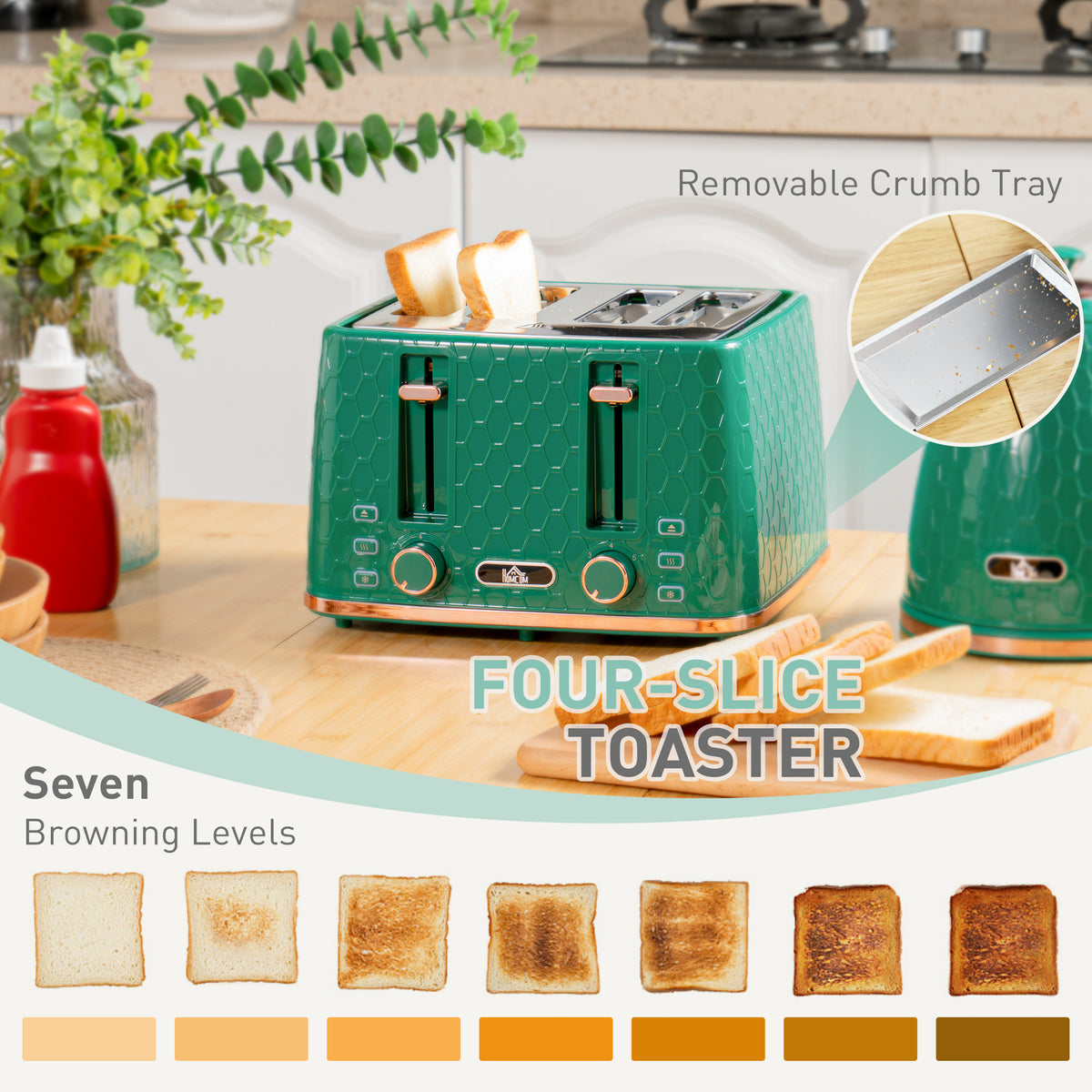 HOMCOM Kettle and Toaster Set, 1.7L 3000W Fast Boil Jug Kettle with Auto Shut Off, 4 Slice Toaster with 7 Level Browning Controls & Crumb Tray, UK Otter Thermostat, Green