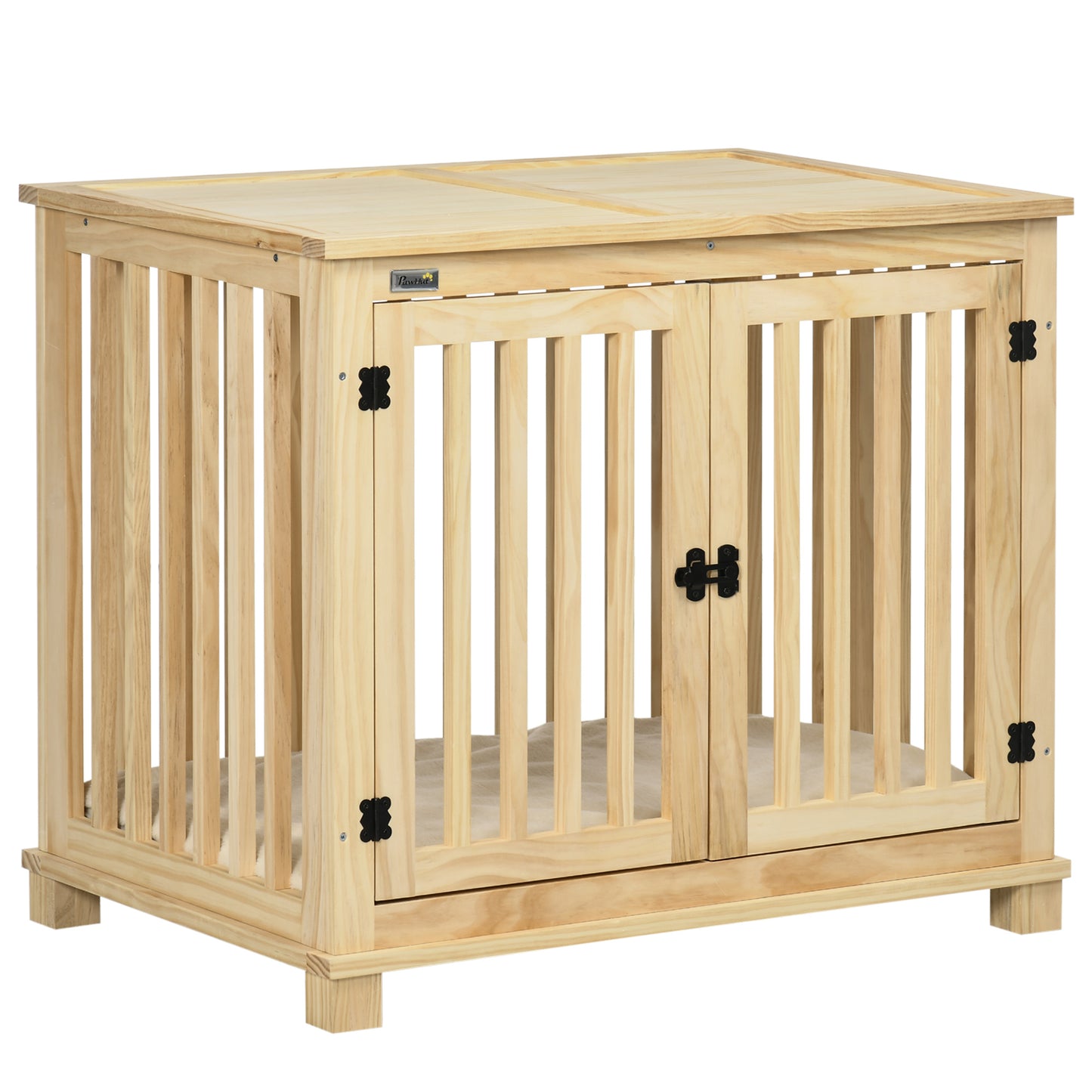 Photo of PawHut Wooden Dog Crate, with Double Doors, Cushion, for Medium Dogs - Natural Finish in Finish colour on a white background