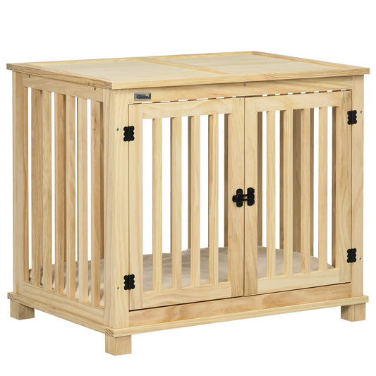 Photo of PawHut Wooden Dog Crate, with Double Doors, Cushion, for Medium Dogs - Natural Finish in Finish colour on a white background