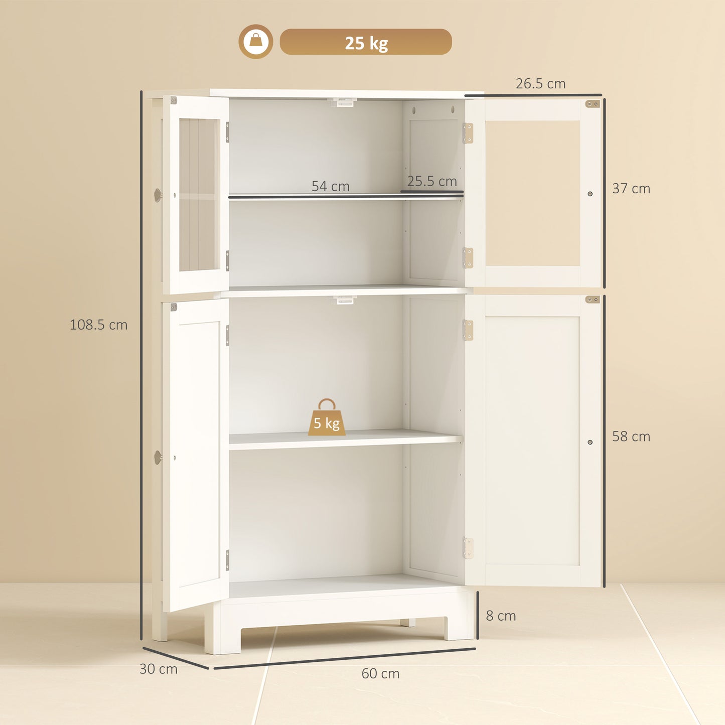 kleankin Bathroom Floor Cabinet, Freestanding Kitchen Cupboard with 2 Drawers, Adjustable Shelves and Tempered Glass Door, Wooden  Storage Unit for Living Room Kitchen Hallway