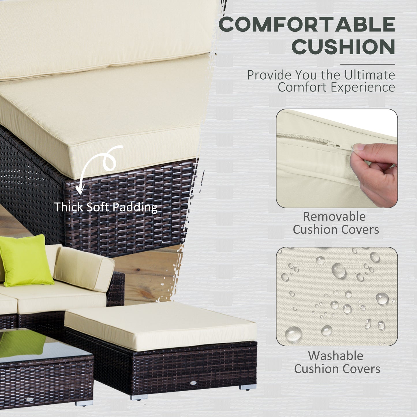 Outsunny 6 PC Rattan Sofa Coffee Table Set, Sectional Wicker Weave Furniture for Garden Outdoor Conservatory with Pillow Cushion, Brown