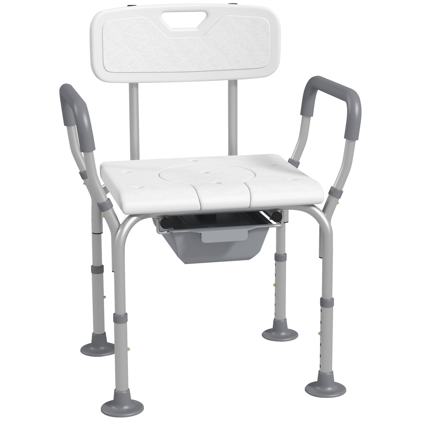 Photo of HOMCOM Height Adjustable Shower Stool with Arms and Back, Non-Slip Bedside Commode with Detachable Bucket for Elderly, White in White colour on a white background