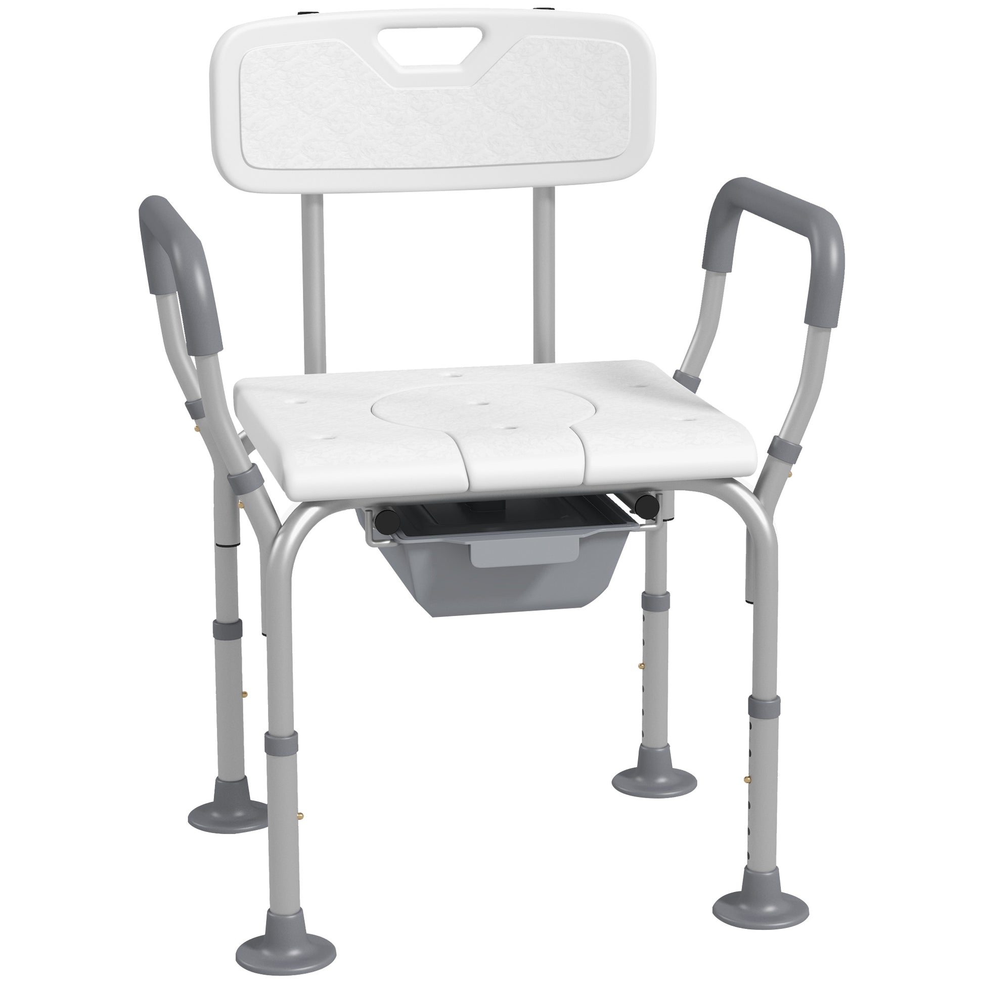 Photo of HOMCOM Height Adjustable Shower Stool with Arms and Back, Non-Slip Bedside Commode with Detachable Bucket for Elderly, White in White colour on a white background