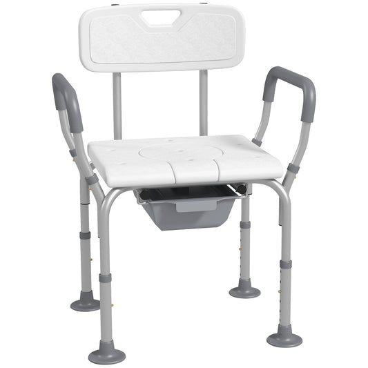 Photo of HOMCOM Height Adjustable Shower Stool with Arms and Back, Non-Slip Bedside Commode with Detachable Bucket for Elderly, White in White colour on a white background