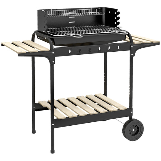 Photo of Outsunny Charcoal Barbecue Grill with Adjustable Grill Height, Portable BBQ Trolley with Ash Catcher and Wheels for Outdoor Garden Party Cooking, Black in Black colour on a white background