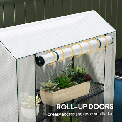 Outsunny greenhouse with a rolled-up front door and three-tier wire shelving