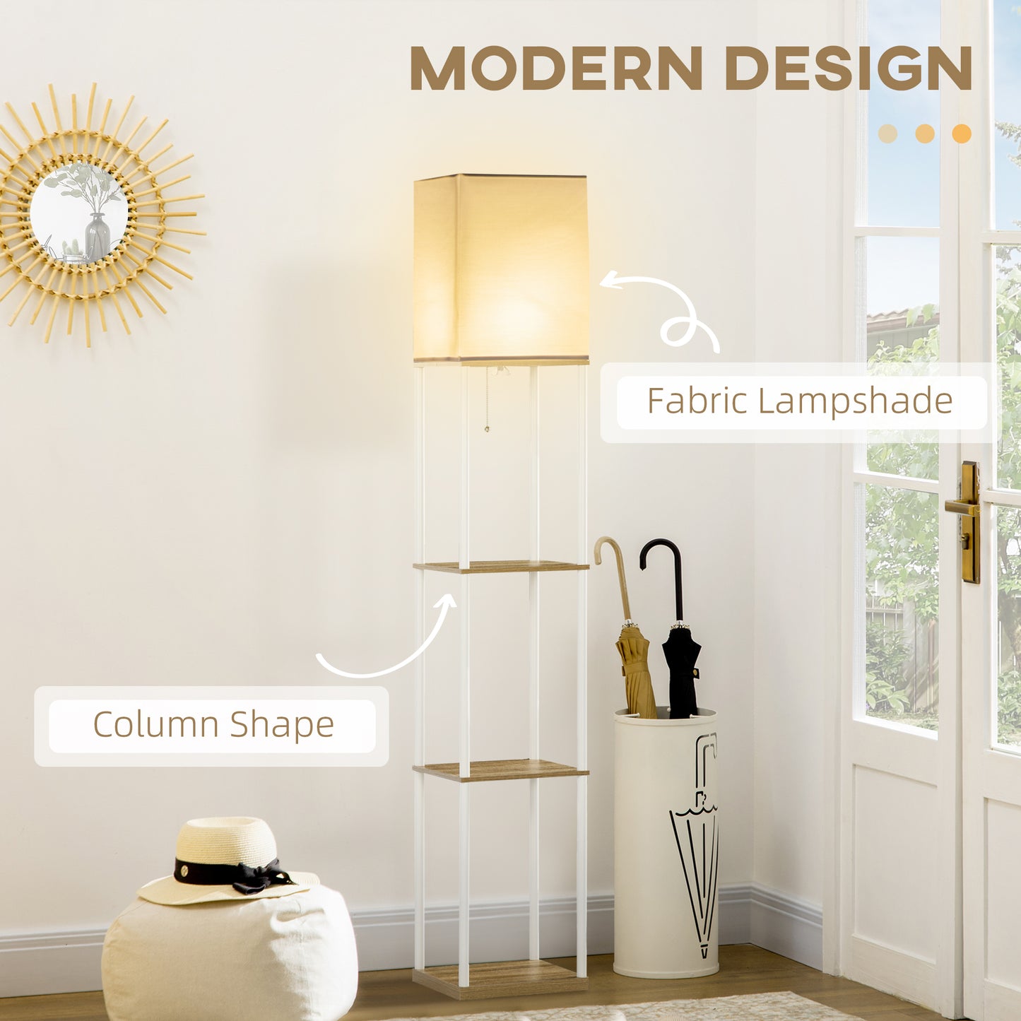 HOMCOM Modern Metal Floor Lamp with Shelves, 3 Layer Shelf Tall Standing Lamp with Fabric Lampshade, Pull Chain Switch for Living Room, Bedroom, Bulb not Included, White