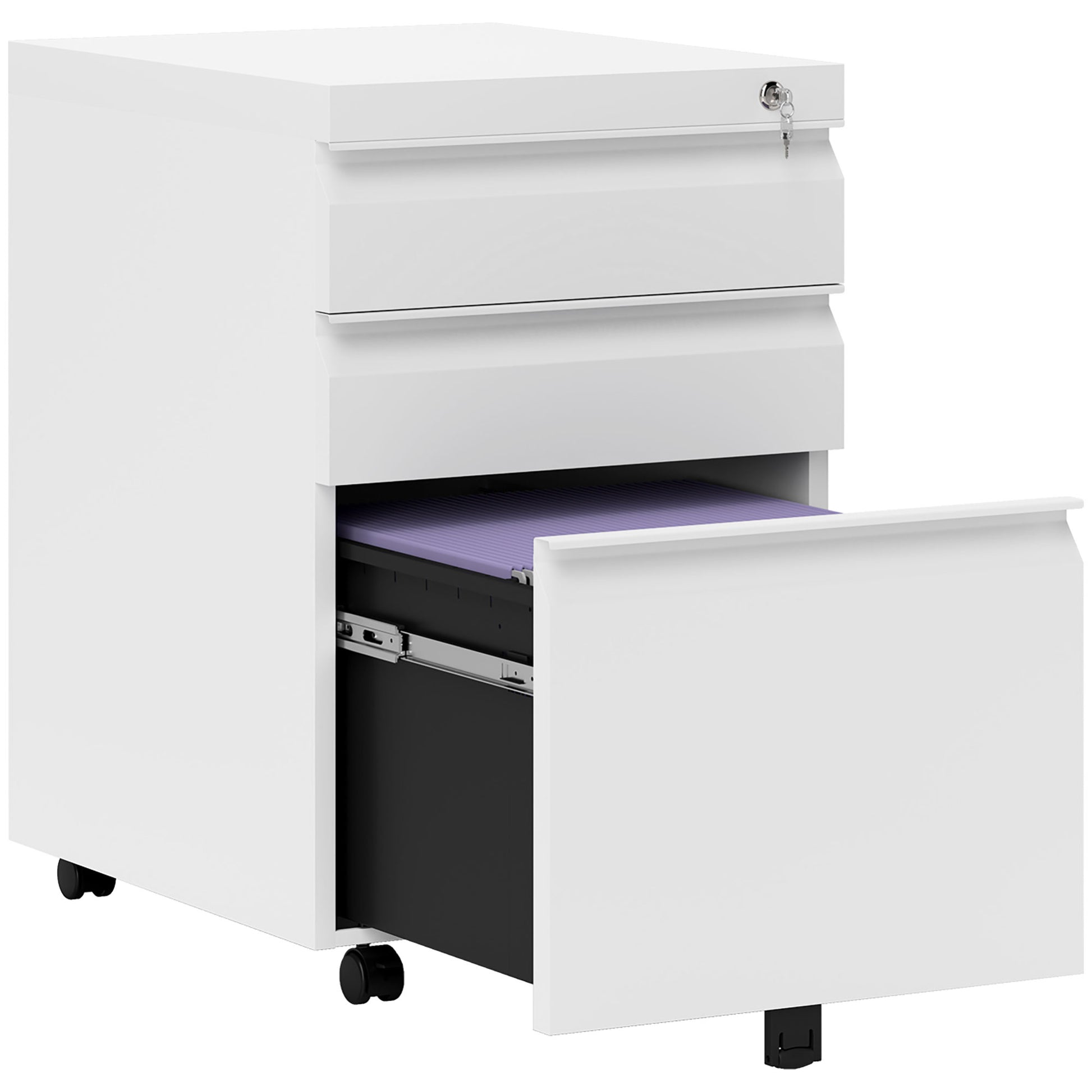 Photo of Vinsetto 3 Drawer Filling Cabinet, Mobile Metal File Cabinet with Anti-tilt Design for Letter, A4, Legal Size, White in White colour on a white background
