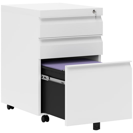 Photo of Vinsetto 3 Drawer Filling Cabinet, Mobile Metal File Cabinet with Anti-tilt Design for Letter, A4, Legal Size, White in White colour on a white background