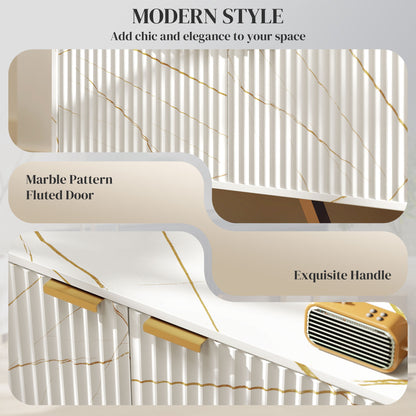 Close-up of the TV stand's gold-veined surface, fluted doors and gold handles