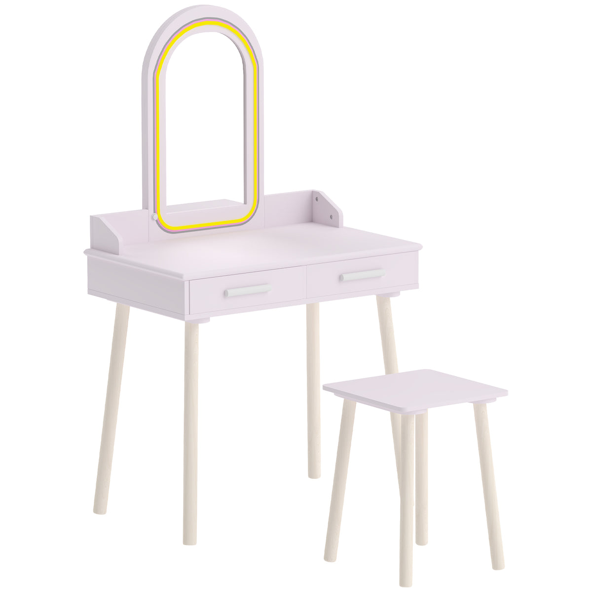 Photo of AIYAPLAY Kids Dressing Table, Girls Vanity Set with Stool, 3-Colour LED Lights Mirror, Large Drawer for Ages 3-8, Pink in Pink colour on a white background