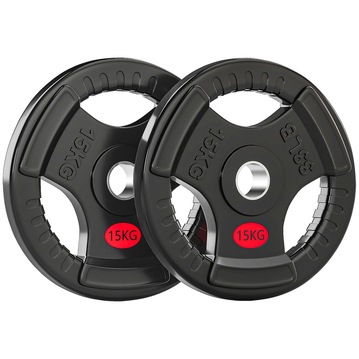 Photo of SPORTNOW Olympic Weight Plates, 2"/5cm Weight Disc Pair with Tri-Grips, 2 x 15kg Dumbbell Plates for Weightlifting and Strength Training Home Gym Fitness Workout, Black in Black colour on a white background