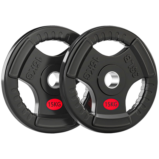 Photo of SPORTNOW Olympic Weight Plates, 2"/5cm Weight Disc Pair with Tri-Grips, 2 x 15kg Dumbbell Plates for Weightlifting and Strength Training Home Gym Fitness Workout, Black in Black colour on a white background