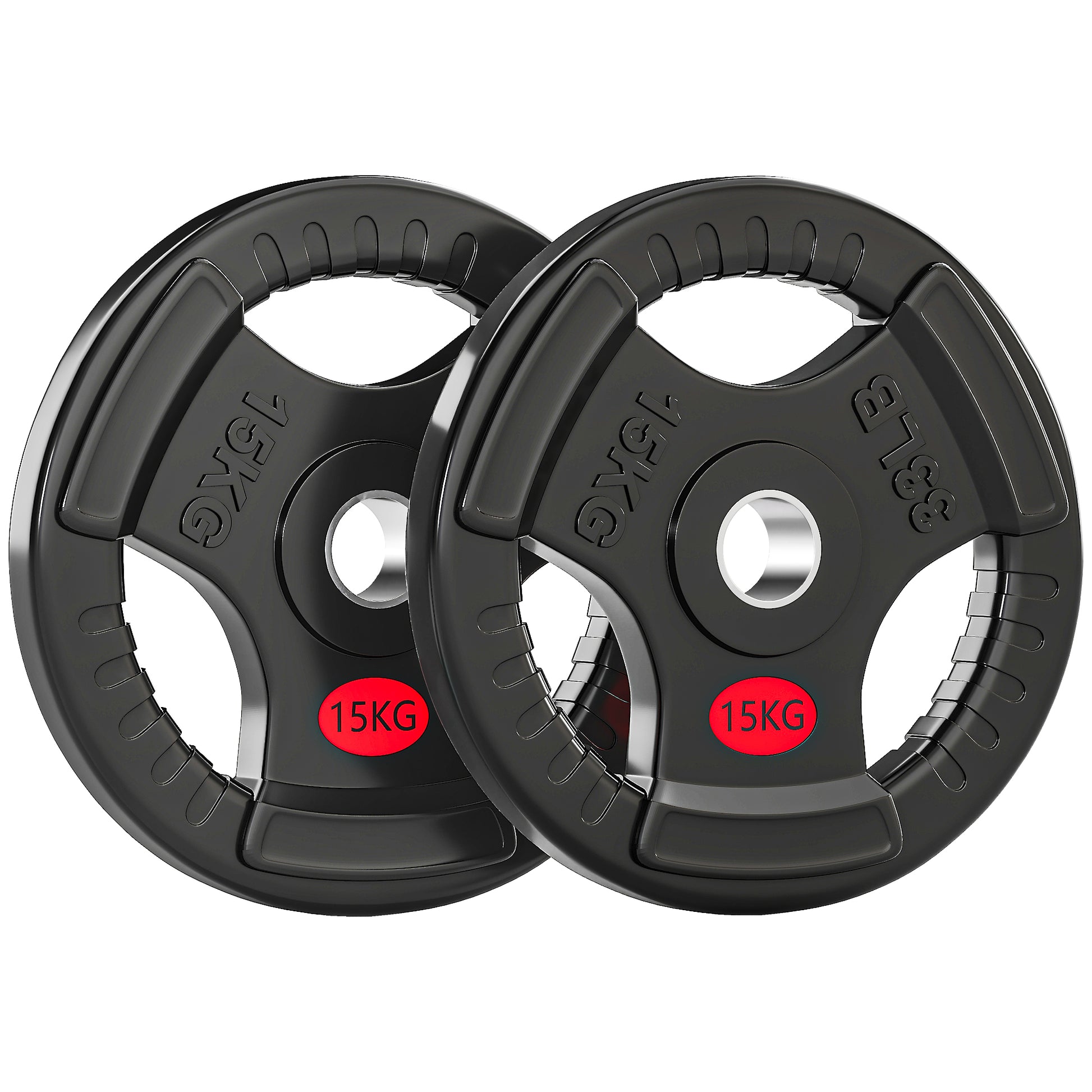 Photo of SPORTNOW Olympic Weight Plates, 2"/5cm Weight Disc Pair with Tri-Grips, 2 x 15kg Dumbbell Plates for Weightlifting and Strength Training Home Gym Fitness Workout, Black in Black colour on a white background