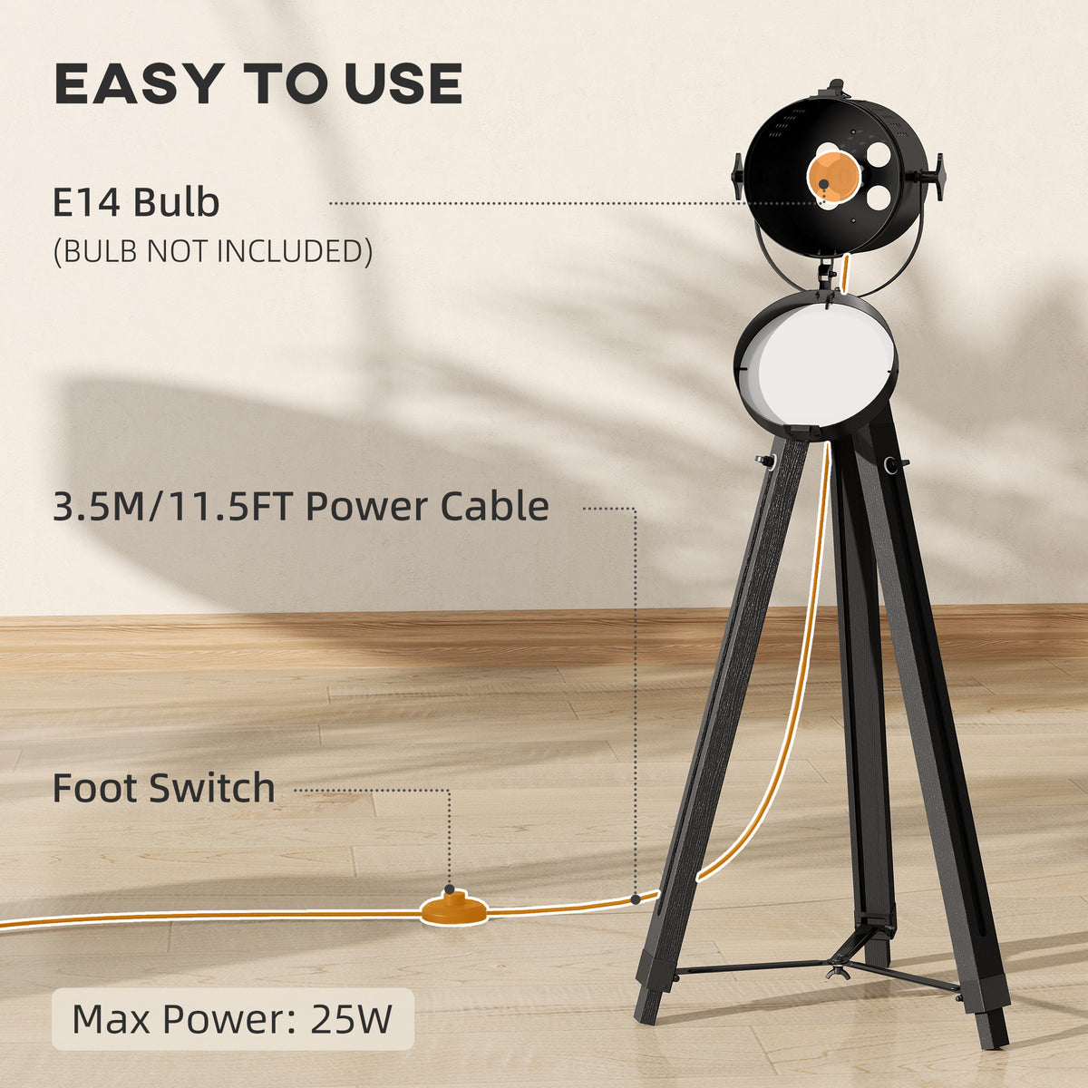 HOMCOM Industrial Tripod Floor Lamp, Nautical Searchlight with Adjustable Height, Wood Legs, E14 Lamp Base for Living Room, Bedroom, Black