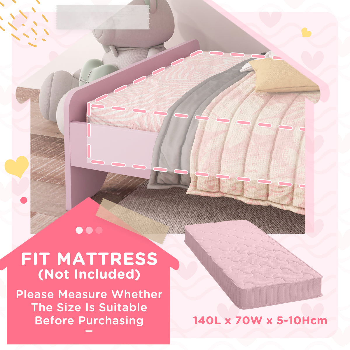 Pink toddler bed side rail shown beside a mattress size guide