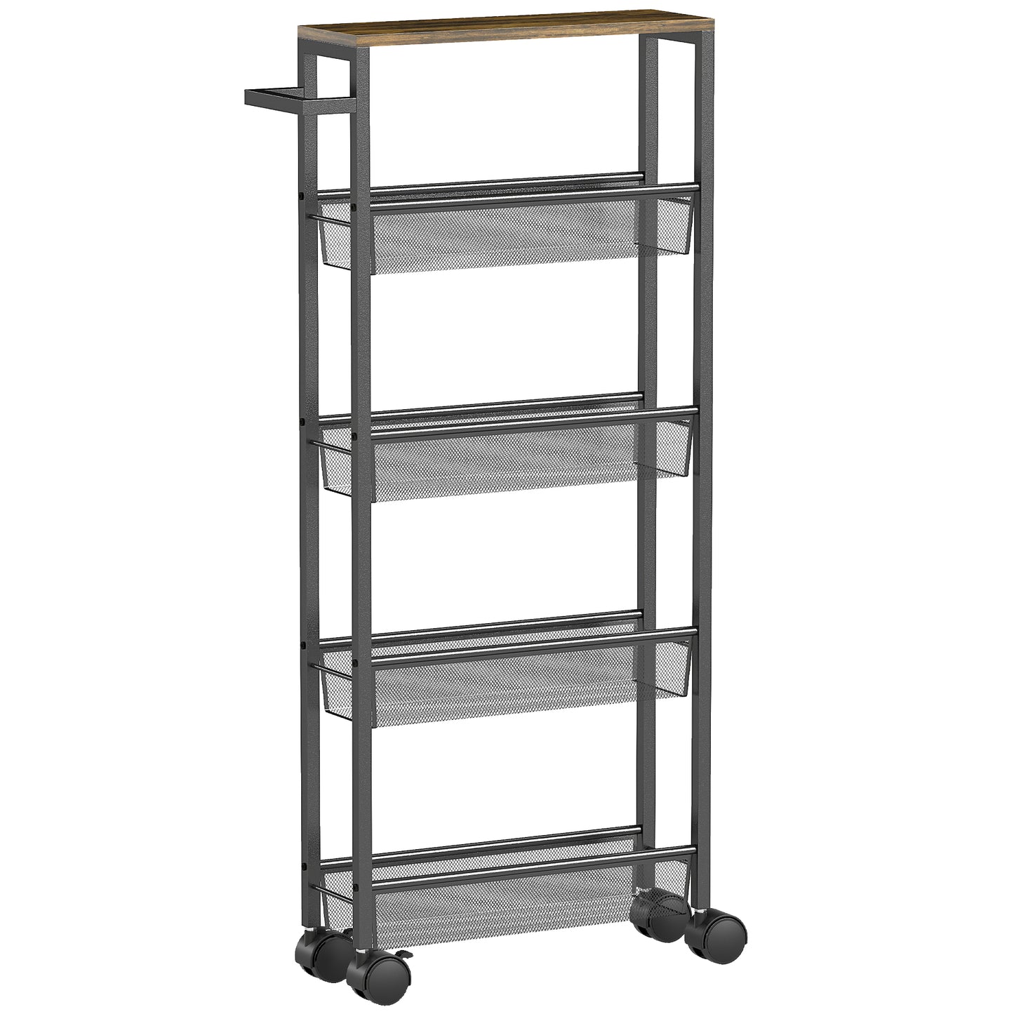 Photo of HOMCOM Slim Storage Trolley, 5-Tier Kitchen Cart on Wheels with Wood-effect Top, Handle for Living Room, Bathroom, Black in Black colour on a white background