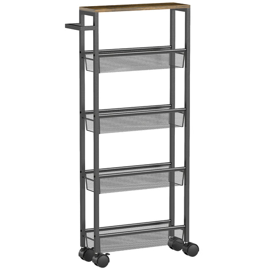 Photo of HOMCOM Slim Storage Trolley, 5-Tier Kitchen Cart on Wheels with Wood-effect Top, Handle for Living Room, Bathroom, Black in Black colour on a white background
