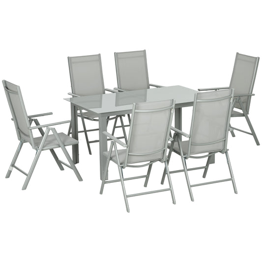 Photo of Outsunny 7 Piece Garden Dining Set, Outdoor Table and 6 Folding and Reclining Chairs, Aluminium Frame, Tempered Glass Top Table, Texteline Seats, Grey in Grey colour on a white background
