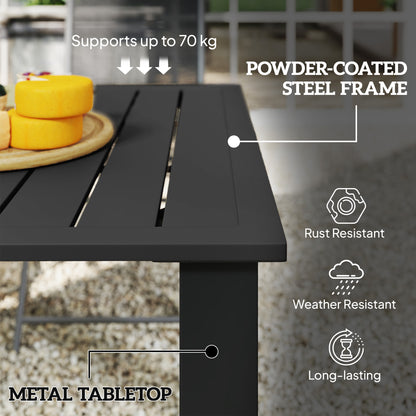 Black metal tabletop and powder-coated steel frame, supports up to 70 kg