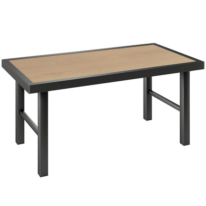 Outsunny outdoor coffee table with a brown woodgrain top and black metal frame