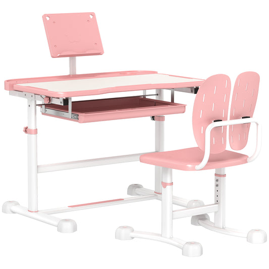 Photo of AIYAPLAY Height Adjustable Kids Desk and Chair Set, School Study Writing, Reading Table Chair Set w/ Tilted Desktop, Pink in Pink colour on a white background
