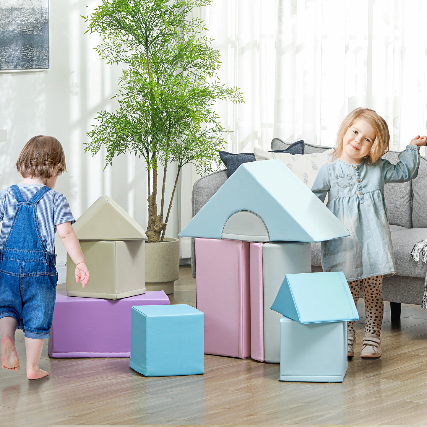 HOMCOM 11-Piece Kids Soft Play Set, Foam Block, Toys for Climbing, Crawling, Blue