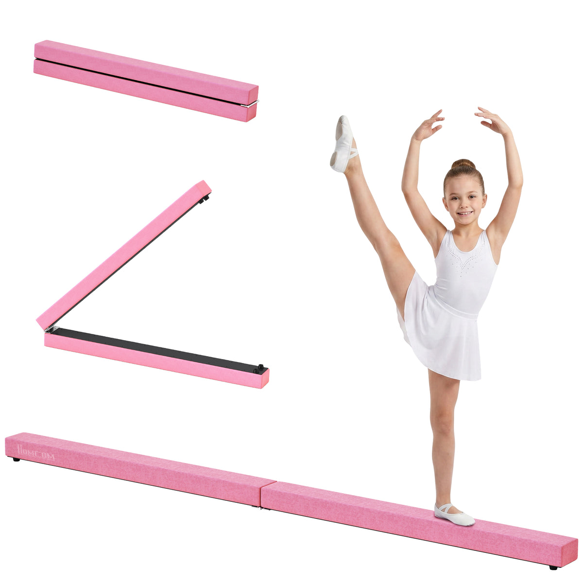 Pink folding gymnastics balance beam shown folded, open, and extended for practice