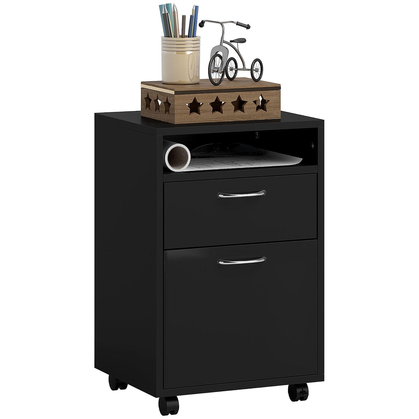 Photo of HOMCOM Filing Cabinet, Mobile File Cabinet with 2 Drawers, Office Home Organiser on Wheels for A4, Letter-Size File Folders, Mobile Printer with Open Shelf, Black in Black colour on a white background