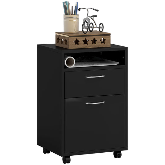 Photo of HOMCOM Filing Cabinet, Mobile File Cabinet with 2 Drawers, Office Home Organiser on Wheels for A4, Letter-Size File Folders, Mobile Printer with Open Shelf, Black in Black colour on a white background