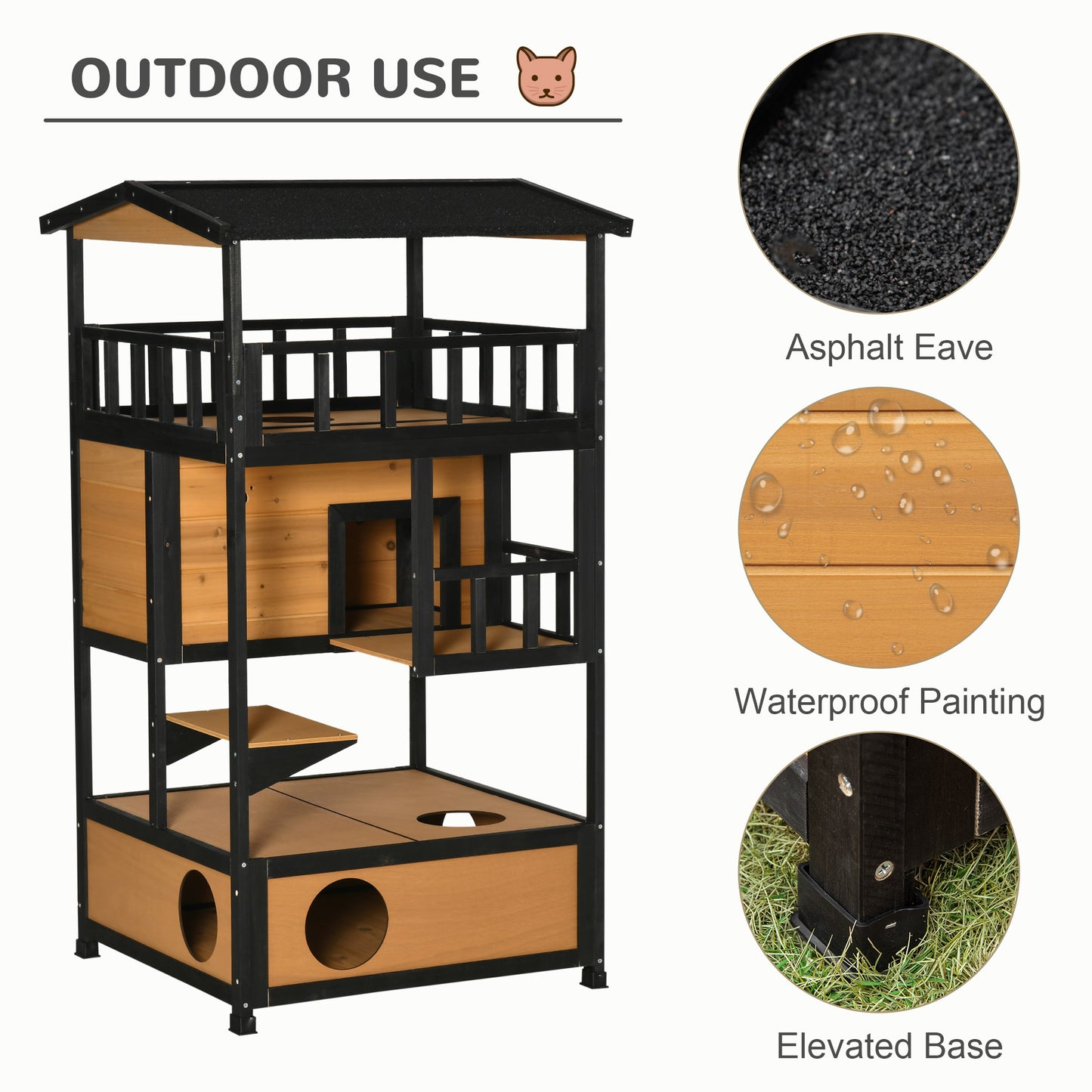 PawHut Wooden Outdoor Cat House, 3-Tier Cat Shelter with Tilted Roof, Terrace, Jump Step, Bottom Tray and Elevated Base, Waterproof Paint, Yellow