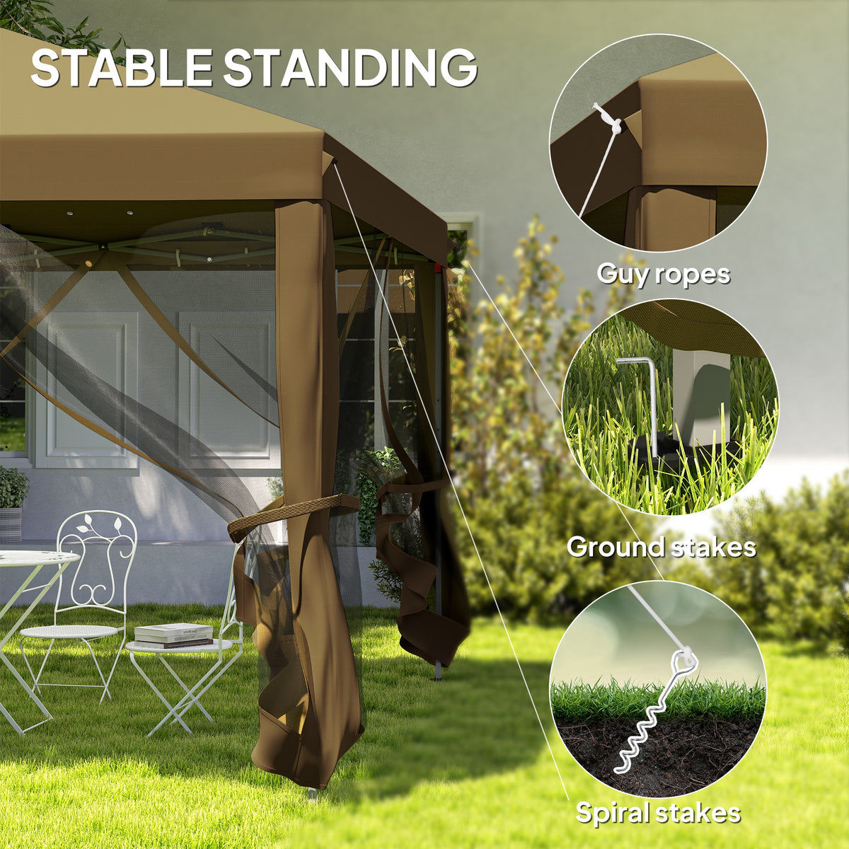 Outsunny gazebo corner with guy ropes, ground stakes and spiral stakes