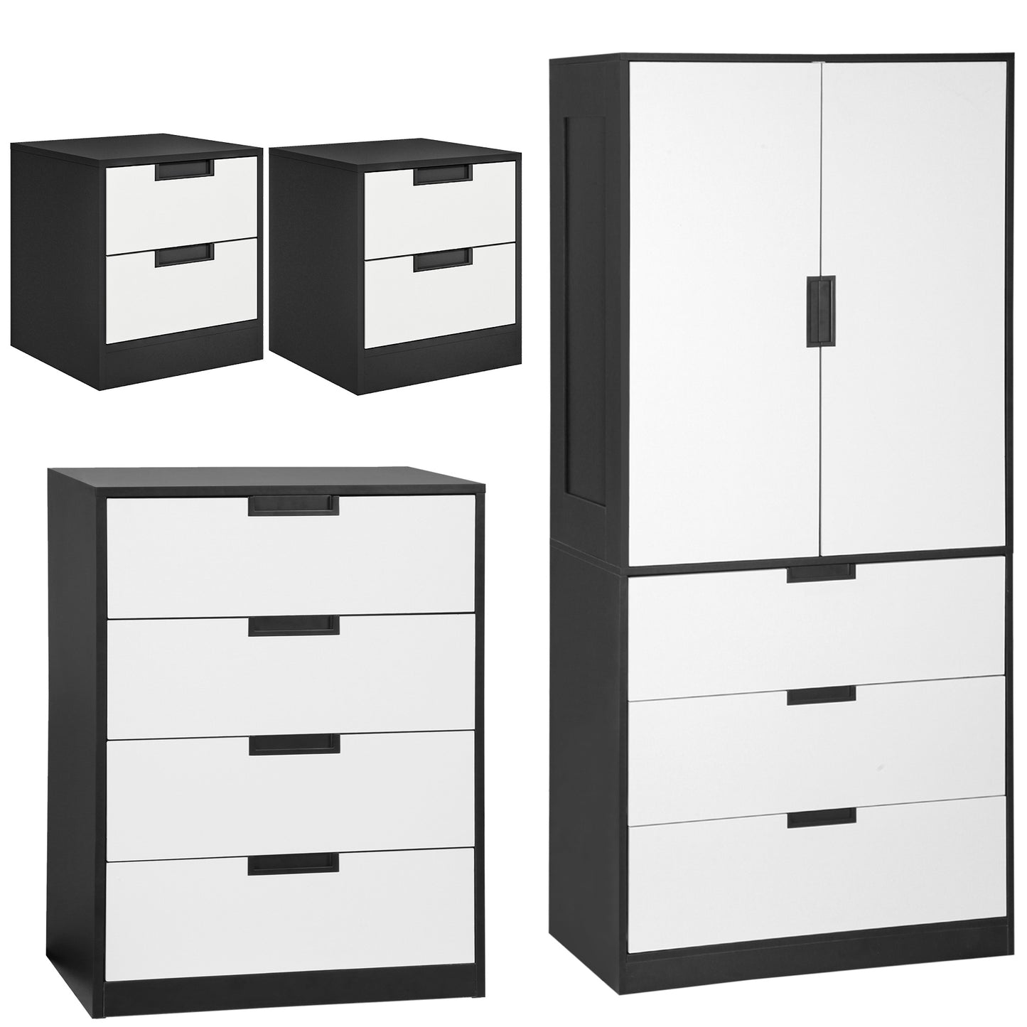 Photo of HOMCOM Bedroom Furniture Set, Wardrobe with Hanging Rod, 4 Drawer Chest of Drawers, 2 Bedside Tables with Storage, White and Black in Black colour on a white background