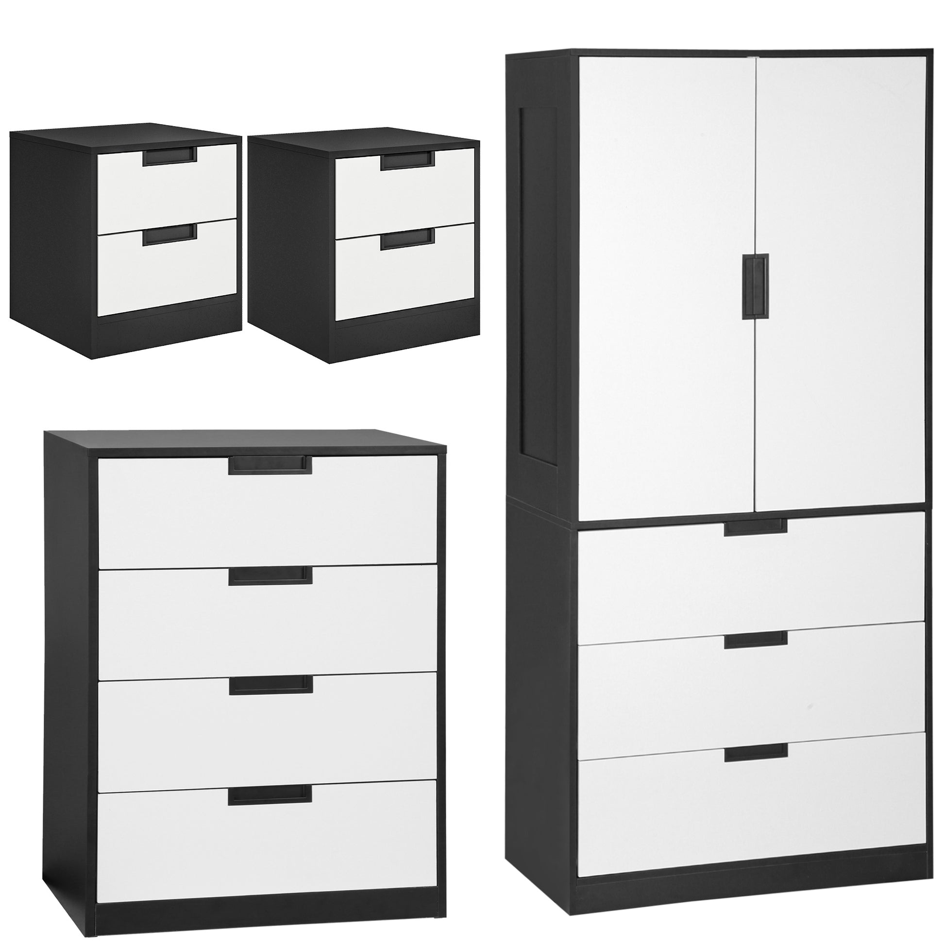 Photo of HOMCOM Bedroom Furniture Set, Wardrobe with Hanging Rod, 4 Drawer Chest of Drawers, 2 Bedside Tables with Storage, White and Black in Black colour on a white background