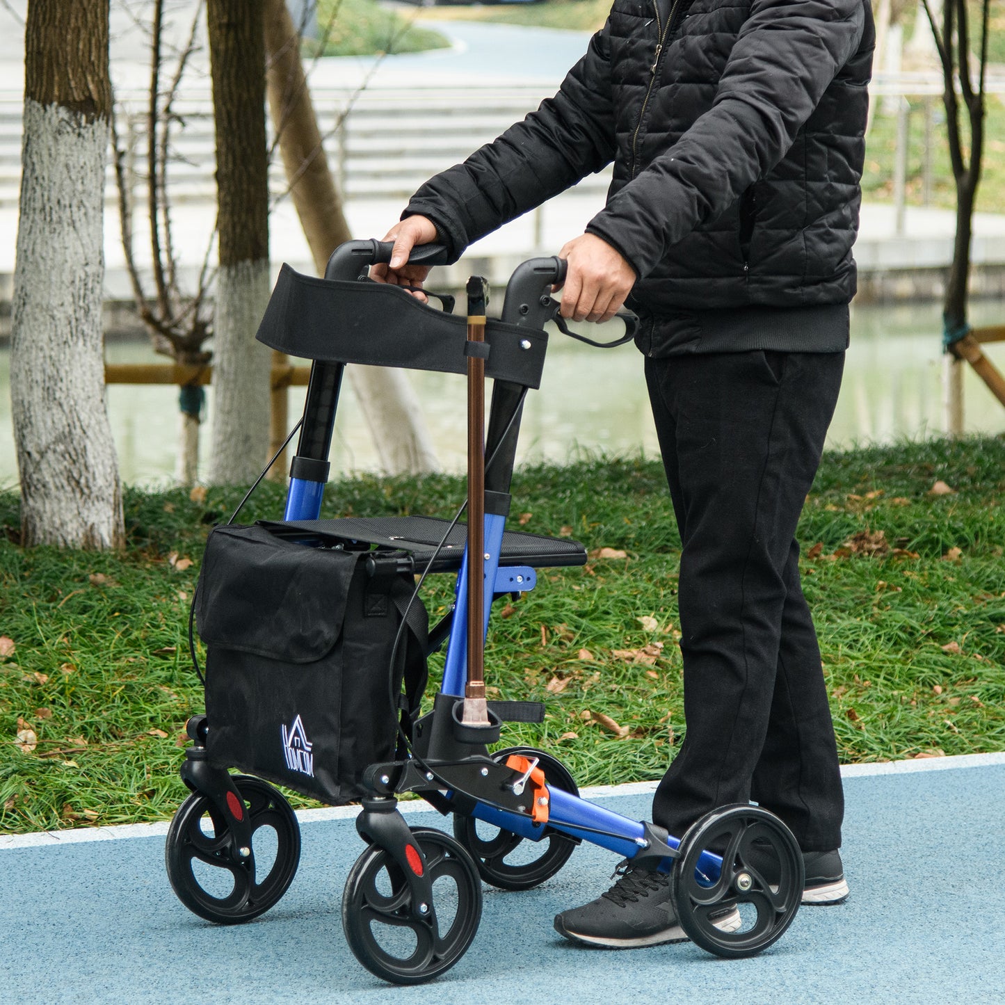 HOMCOM Portable Rollator Walker with 6 Adjustable Height and Dual Brakes for travel and Dailt Use, Blue