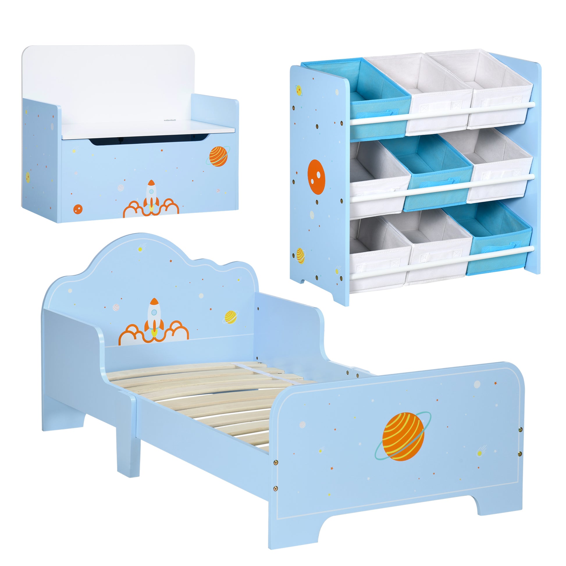 Photo of ZONEKIZ 3PCs Kids Bedroom Furniture Set with Bed, Toy Box Bench, Storage Unit with Baskets, Space Themed, for 3-6 Years Old, Blue in Blue colour on a white background