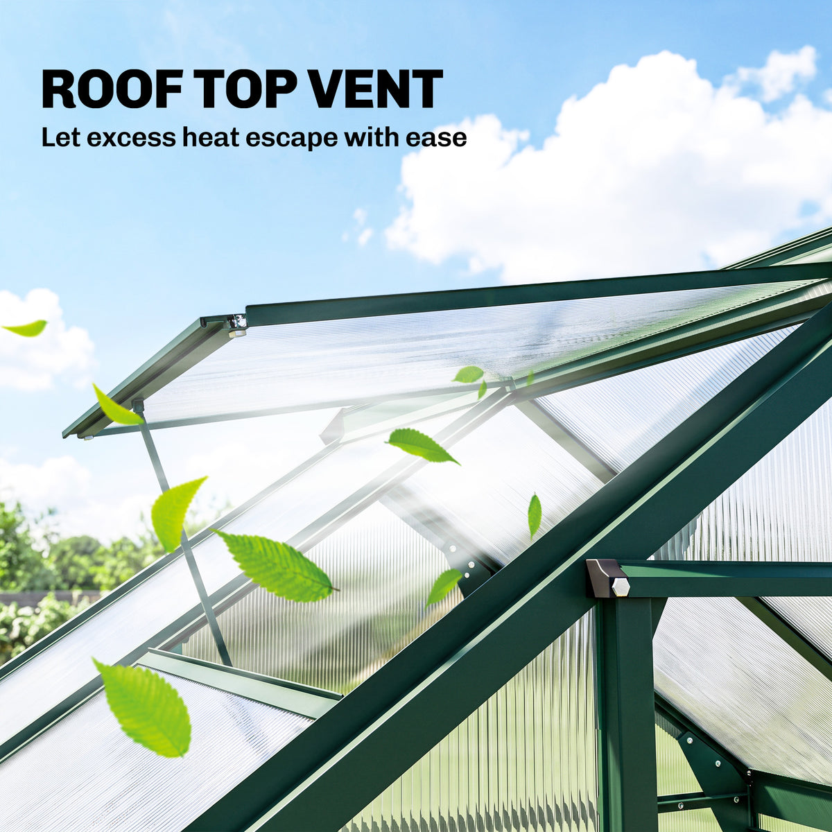 Outsunny greenhouse roof vent propped open in the polycarbonate roof