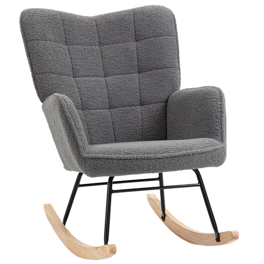Photo of HOMCOM Berber Fleece Nursery Glider Rocker for Nursing, Wingback Rocking Chair for Living Room, Dark Grey in Grey colour on a white background