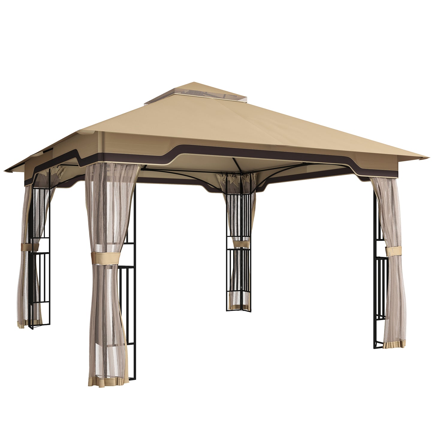 Photo of Outsunny 3.3 x 3.3 m Outdoor Garden Gazebo with Post Shelves, UPF50+ Patio Permanent Pavilion with Hook, Khaki in Khaki colour on a white background