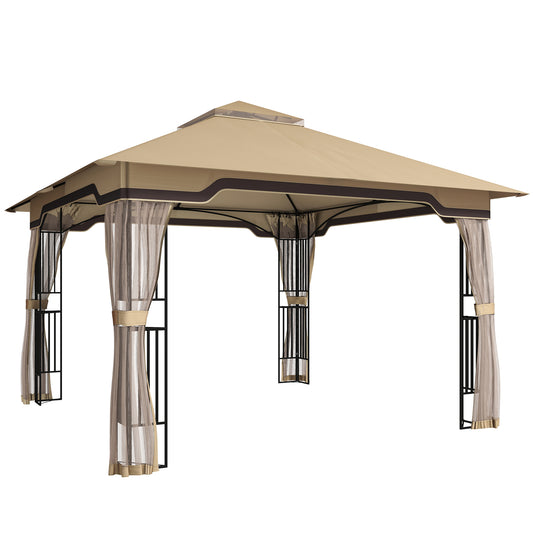 Photo of Outsunny 3.3 x 3.3 m Outdoor Garden Gazebo with Post Shelves, UPF50+ Patio Permanent Pavilion with Hook, Khaki in Khaki colour on a white background