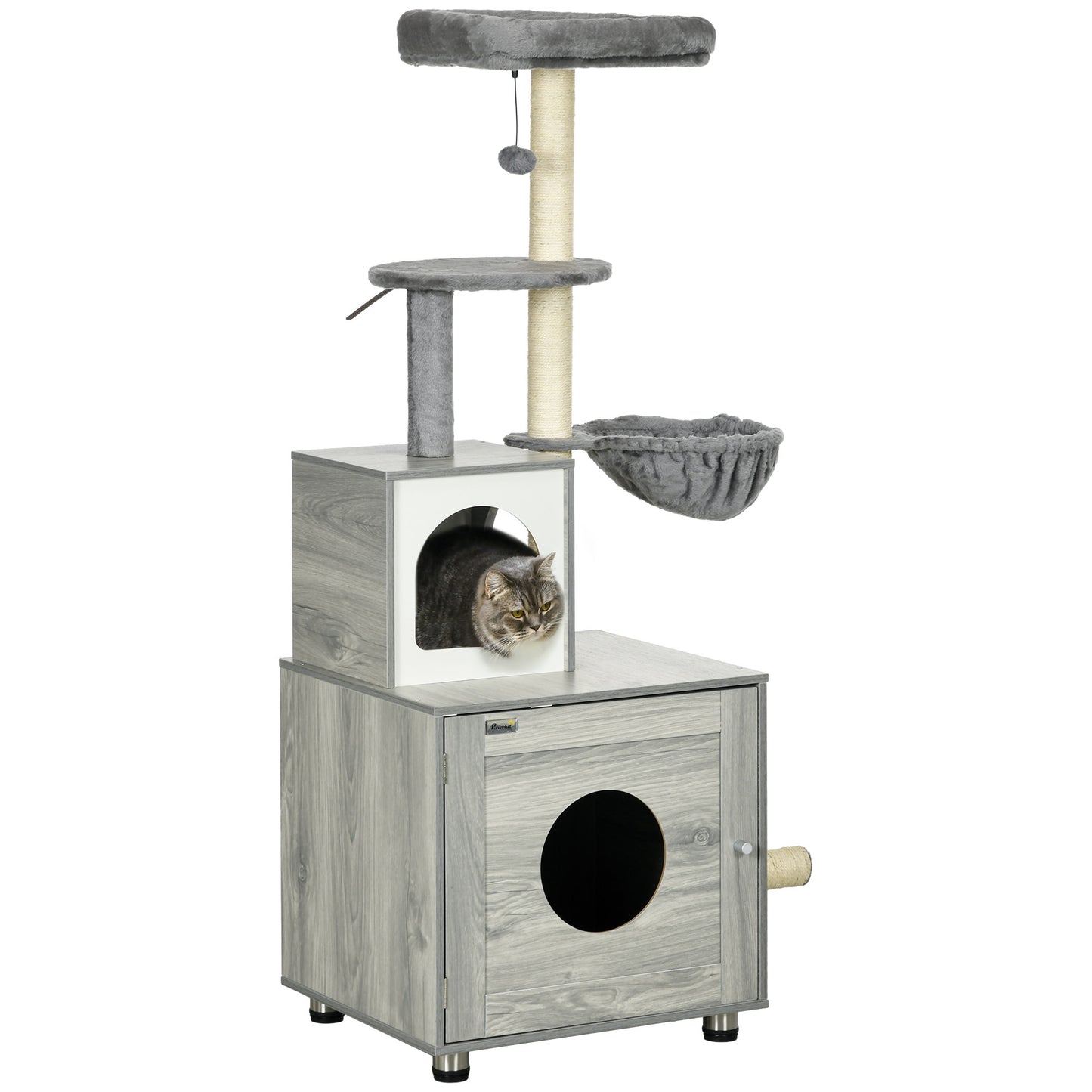Photo of PawHut Enclosed Cat Litter Box with Cat House, Cat Bed, Scratching Posts, Platforms, for Indoor Cats - Grey in Grey colour on a white background