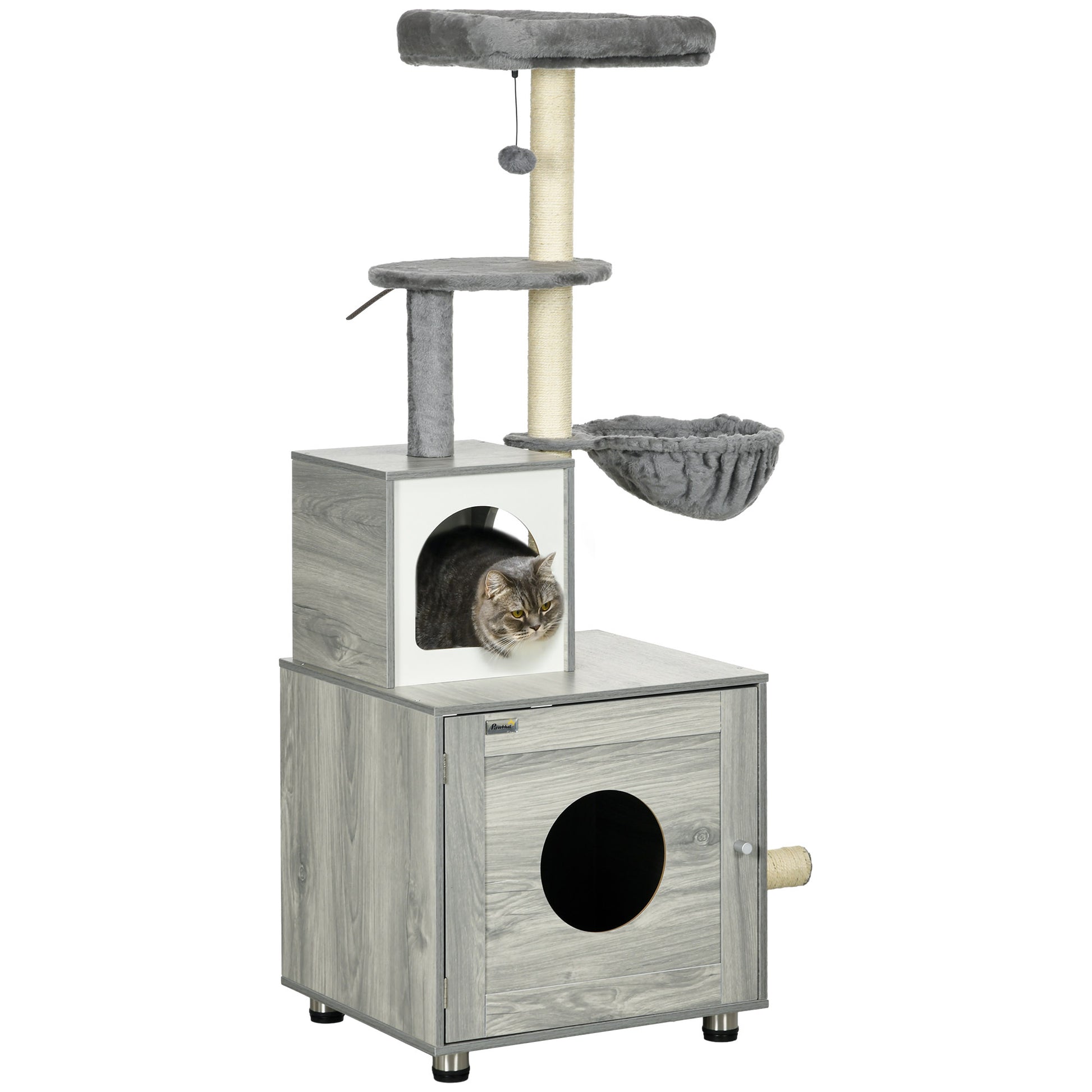 Photo of PawHut Enclosed Cat Litter Box with Cat House, Cat Bed, Scratching Posts, Platforms, for Indoor Cats - Grey in Grey colour on a white background